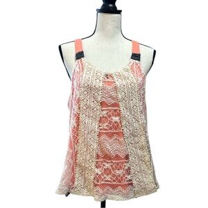 Rewind Lace Overlay Tank Top Coral Cream Boho Festival Sleeveless XL NWT